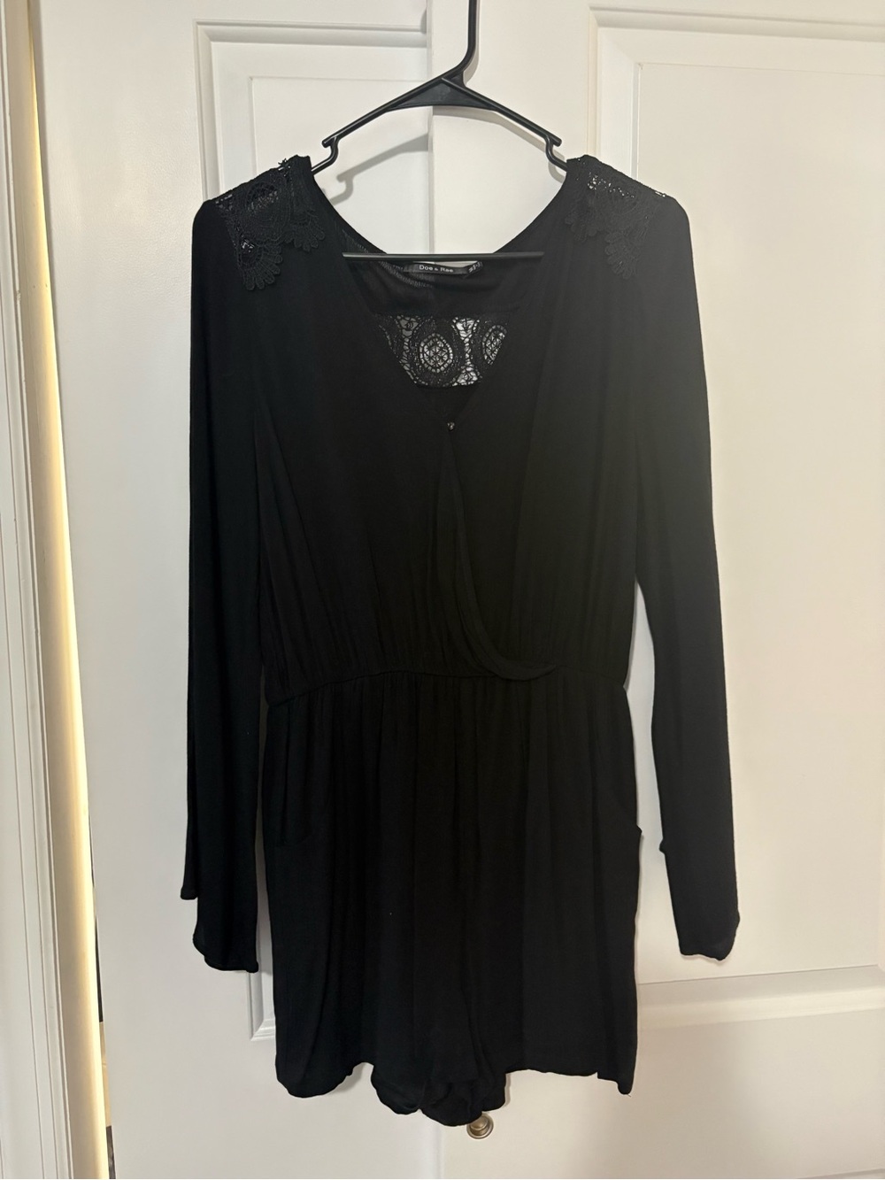 Doe & Rae Black Long-Sleeve Lace-Trim Romper Dress